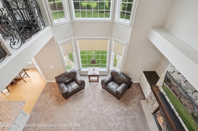4700 Canyon Trl, Lansing, MI 48917 - carpeted living room featuring a high ceiling, a stone fireplace, plenty of natural light, and wood finished floors