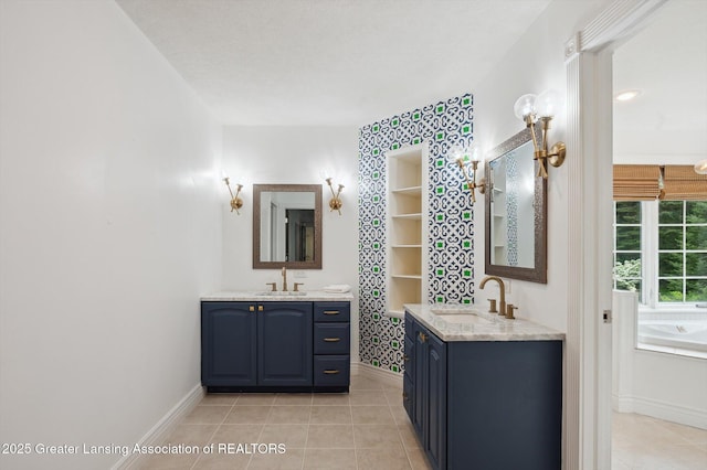 4700 Canyon Trl, Lansing, MI 48917 - bathroom featuring two vanities, tile patterned floors, and wallpapered walls