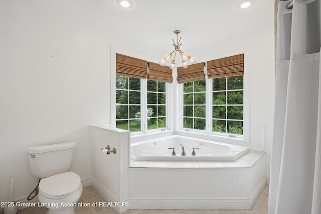 4700 Canyon Trl, Lansing, MI 48917 - full bathroom featuring a chandelier, a garden tub, tile patterned flooring, and recessed lighting