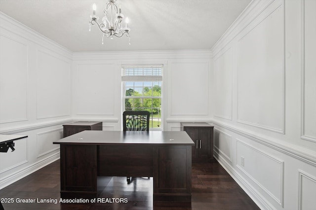 4700 Canyon Trl, Lansing, MI 48917 - home office with a decorative wall, a chandelier, dark wood-style floors, and ornamental molding