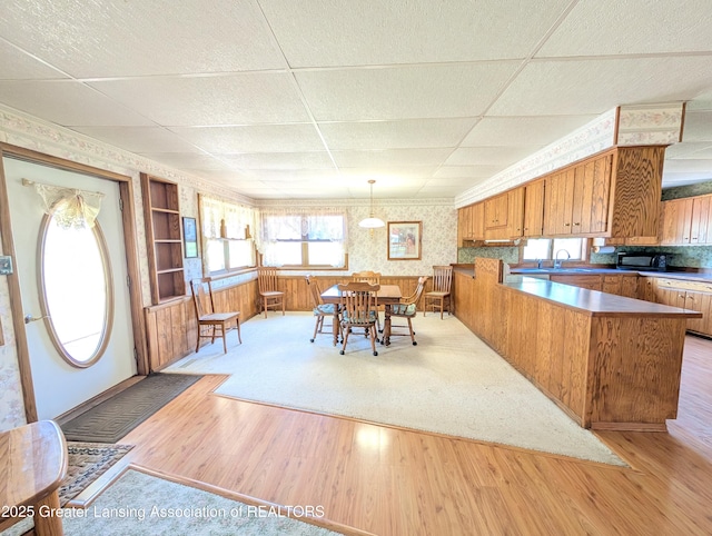 4963 E Portland Rd, Portland, MI 48875 - dining space with light wood-style flooring, built in shelves, and a paneled ceiling