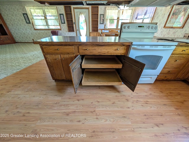 4963 E Portland Rd, Portland, MI 48875 - kitchen featuring electric stove, wallpapered walls, light wood finished floors, and range hood