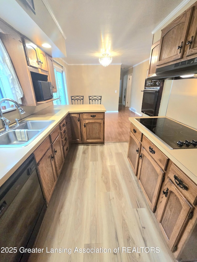 3701 Sumpter St, Lansing, MI 48911 - kitchen with black appliances, light wood finished floors, light countertops, under cabinet range hood, and crown molding