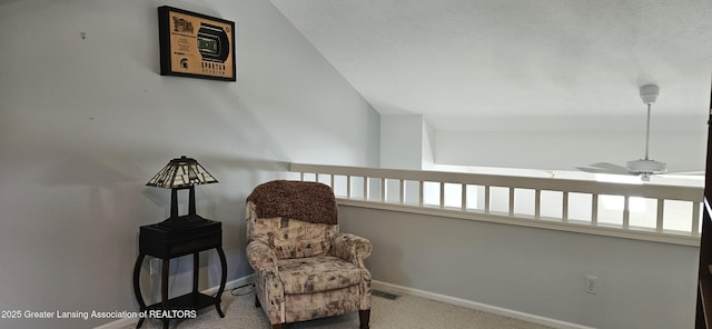 1945 W Danbury, Okemos, MI 48864 - living area featuring carpet, vaulted ceiling, and a ceiling fan