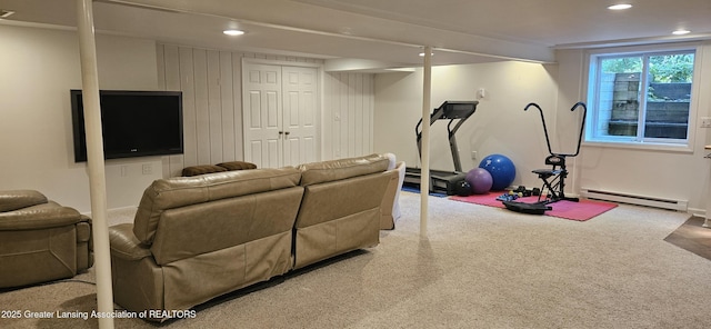 1945 W Danbury, Okemos, MI 48864 - living room featuring a baseboard heating unit, carpet floors, and recessed lighting