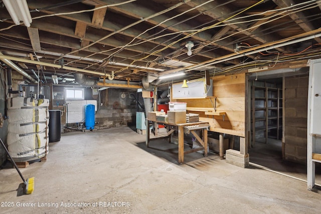 16544 S Chapin Rd, Elsie, MI 48831 - basement with a water pressure tank, a workshop area, and water heater