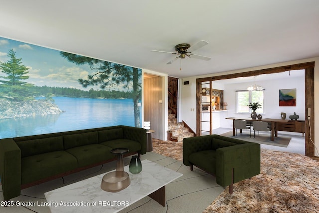 16544 S Chapin Rd, Elsie, MI 48831 - living room featuring a ceiling fan and a water view