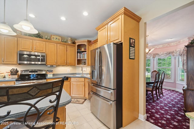 11195 Prestwick Dr, Lansing, MI 48917 - kitchen featuring appliances with stainless steel finishes, open shelves, decorative light fixtures, light tile patterned floors, and recessed lighting