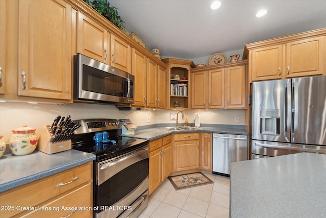 11195 Prestwick Dr, Lansing, MI 48917 - kitchen with stainless steel appliances, open shelves, dark countertops, light tile patterned floors, and recessed lighting