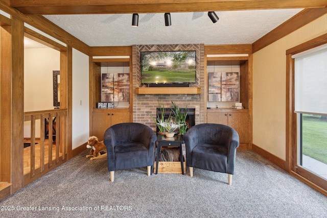 4925 Aspen Dr, Lansing, MI 48917 - carpeted living area with a textured ceiling and a fireplace