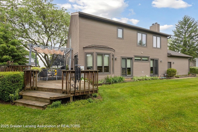 4925 Aspen Dr, Lansing, MI 48917 - back of house featuring a chimney, a pergola, a wooden deck, and a yard