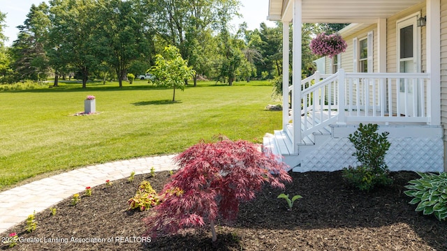 2520 Linn Rd, Williamston, MI 48895 - view of grassy yard with covered porch and view of scattered trees
