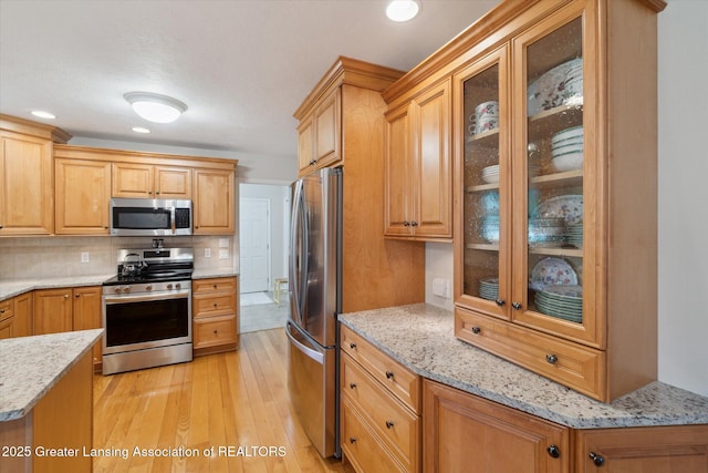 6252 N River Hwy, Grand Ledge, MI 48837 - kitchen featuring stainless steel appliances, light stone countertops, light wood-style floors, tasteful backsplash, and glass insert cabinets