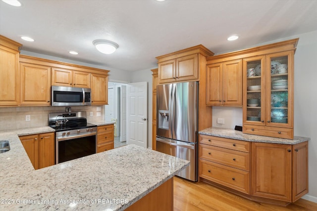 6252 N River Hwy, Grand Ledge, MI 48837 - kitchen with appliances with stainless steel finishes, light stone countertops, light wood-type flooring, and recessed lighting