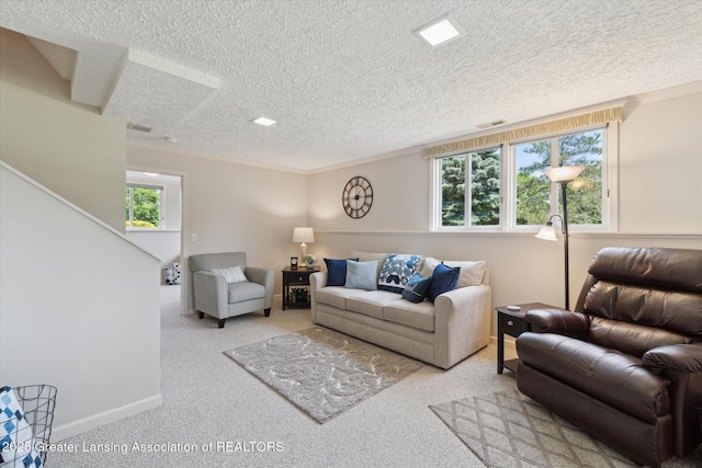 6252 N River Hwy, Grand Ledge, MI 48837 - living room with carpet floors, a textured ceiling, and crown molding