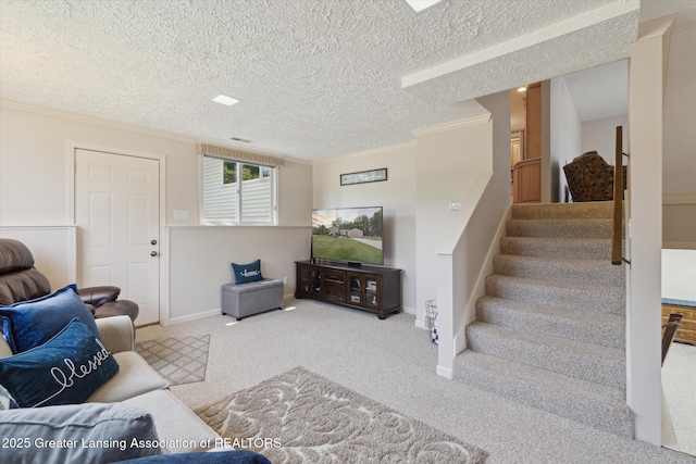 6252 N River Hwy, Grand Ledge, MI 48837 - carpeted living room with crown molding, stairs, and a textured ceiling