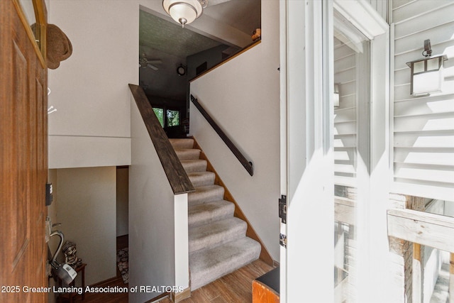 5041 E Willoughby Rd Unit 7, Holt, MI 48842 - stairway featuring wood finished floors and ceiling fan