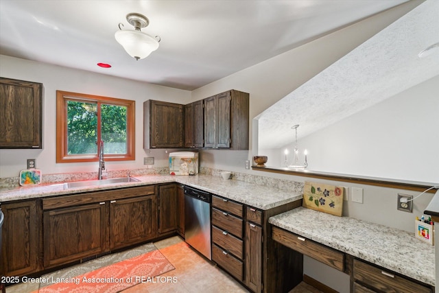5041 E Willoughby Rd Unit 7, Holt, MI 48842 - kitchen featuring dishwasher, a chandelier, dark brown cabinetry, light tile patterned floors, and light stone countertops