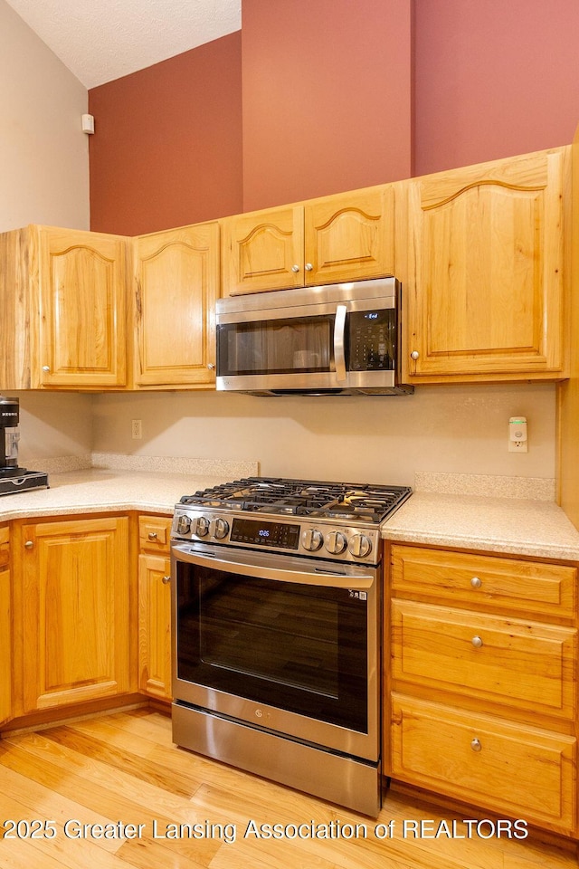 4001 Sierra Hts, Holt, MI 48842 - kitchen featuring appliances with stainless steel finishes, light countertops, light wood-style floors, and light brown cabinetry