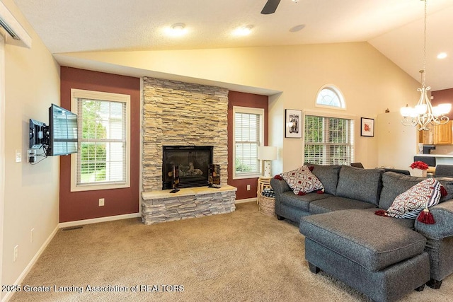 4001 Sierra Hts, Holt, MI 48842 - carpeted living area with vaulted ceiling, a fireplace, a chandelier, and a ceiling fan