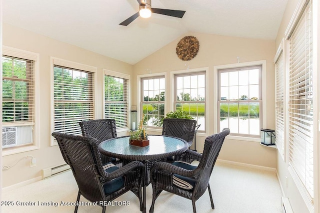4001 Sierra Hts, Holt, MI 48842 - sunroom with carpet, vaulted ceiling, baseboard heating, and a water view