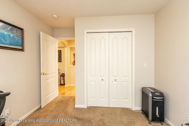 4001 Sierra Hts, Holt, MI 48842 - bedroom featuring light colored carpet, a closet, and arched walkways