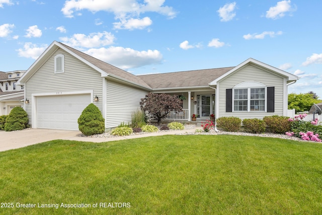 3913 Danbridge Dr, Lansing, MI 48906 - ranch-style house with a porch, a front lawn, concrete driveway, and an attached garage