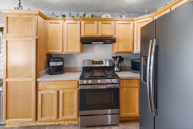 3913 Danbridge Dr, Lansing, MI 48906 - kitchen with appliances with stainless steel finishes, under cabinet range hood, a textured ceiling, light countertops, and light brown cabinets