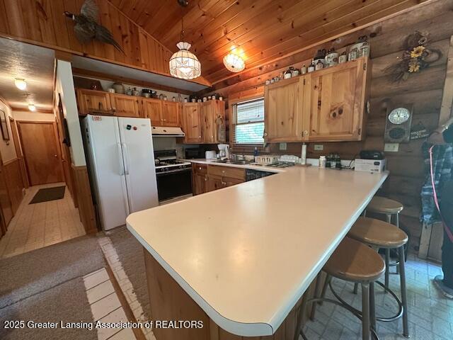 10886 SE Gillow Rd, Fife Lake, MI 49633 - kitchen with range with gas stovetop, ventilation hood, wooden ceiling, freestanding refrigerator, and a peninsula
