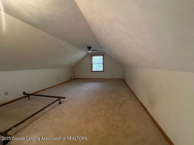 10886 SE Gillow Rd, Fife Lake, MI 49633 - additional living space with lofted ceiling, a textured ceiling, light carpet, and a ceiling fan