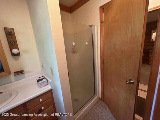 10886 SE Gillow Rd, Fife Lake, MI 49633 - bathroom featuring a stall shower and vanity