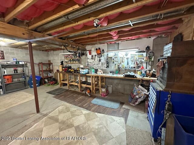 10886 SE Gillow Rd, Fife Lake, MI 49633 - unfinished basement featuring a workshop area and concrete block wall