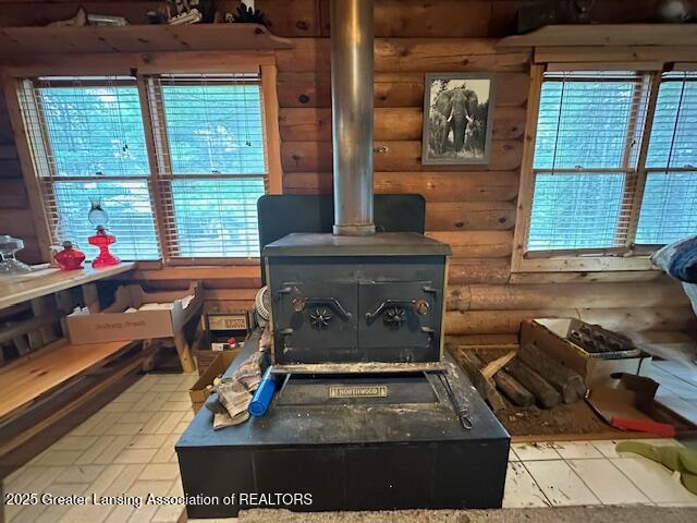 10886 SE Gillow Rd, Fife Lake, MI 49633 - detailed view of a wood stove and log walls
