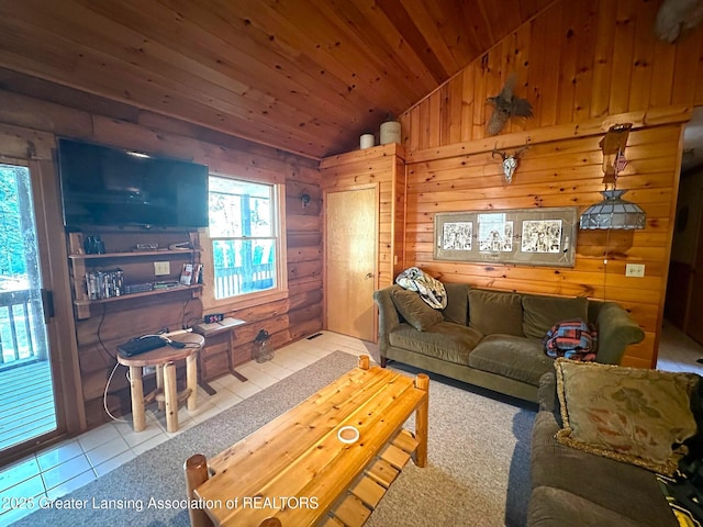 10886 SE Gillow Rd, Fife Lake, MI 49633 - tiled living room with lofted ceiling, wooden ceiling, and wooden walls