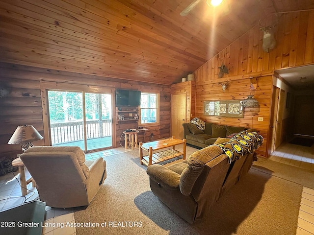 10886 SE Gillow Rd, Fife Lake, MI 49633 - living room featuring wooden ceiling, wood walls, and high vaulted ceiling