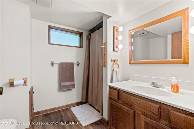 1754 S College Rd, Mason, MI 48854 - bathroom with vanity, wood finished floors, and a shower with shower curtain