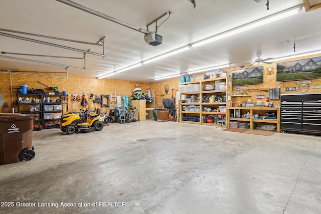 169 Mapleview Dr, Charlotte, MI 48813 - garage with a garage door opener and a workshop area