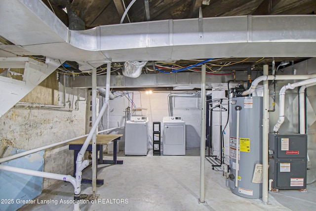 416 E Elm St, Mason, MI 48854 - unfinished basement with water heater, washer and clothes dryer, and heating unit