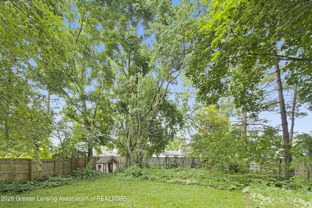 416 E Elm St, Mason, MI 48854 - fenced backyard featuring an outdoor structure