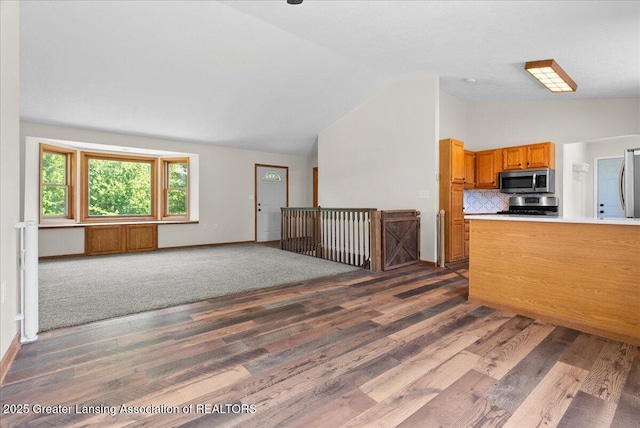 1313 W Alward Rd, Dewitt, MI 48820 - kitchen featuring appliances with stainless steel finishes, dark wood-style floors, decorative backsplash, open floor plan, and light countertops