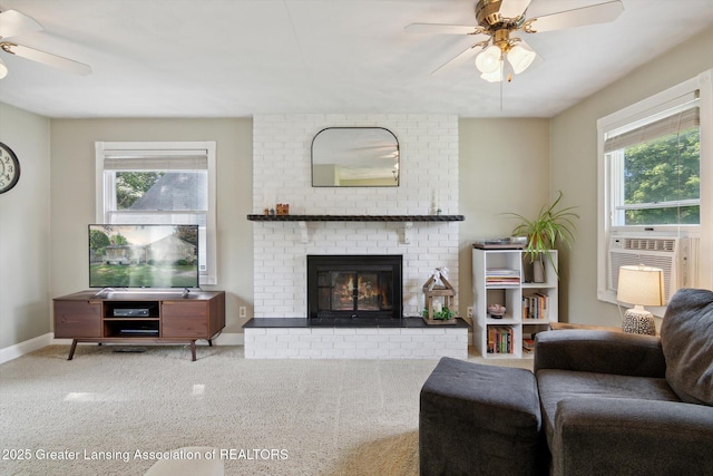 6244 Daft St, Lansing, MI 48911 - living room featuring a ceiling fan, a brick fireplace, carpet floors, and cooling unit