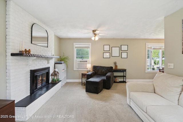 6244 Daft St, Lansing, MI 48911 - carpeted living area with ceiling fan, cooling unit, healthy amount of natural light, and a brick fireplace