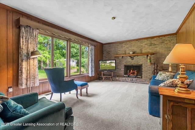 10648 Bobsyl Ln, Grand Ledge, MI 48837 - carpeted living area with wood walls, a brick fireplace, and crown molding
