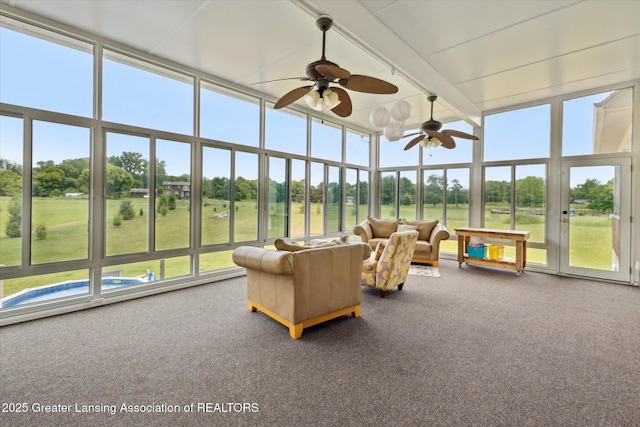 5056 W Bunker Rd, Mason, MI 48854 - sunroom featuring carpet floors, a ceiling fan, french doors, a high ceiling, and an outdoor living space