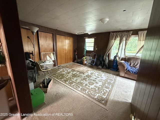 4317 S Cedar St, Lansing, MI 48910 - carpeted living area with wood walls