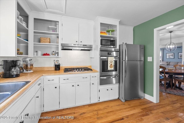 520 Wood St, Eaton Rapids, MI 48827 - kitchen with appliances with stainless steel finishes, a warming drawer, open shelves, under cabinet range hood, and tasteful backsplash
