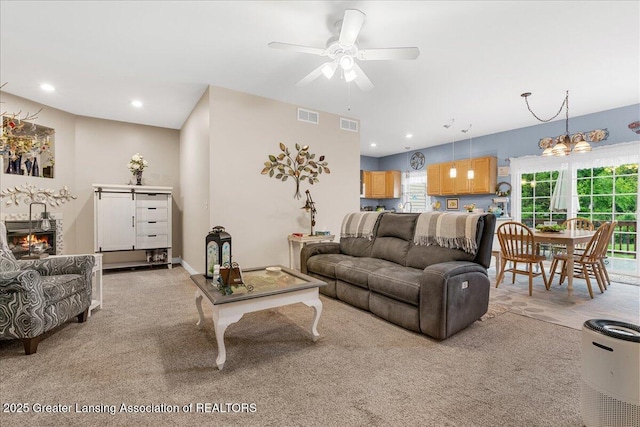 8805 E Cole Rd, Durand, MI 48429 - living room featuring light colored carpet, ceiling fan, and recessed lighting