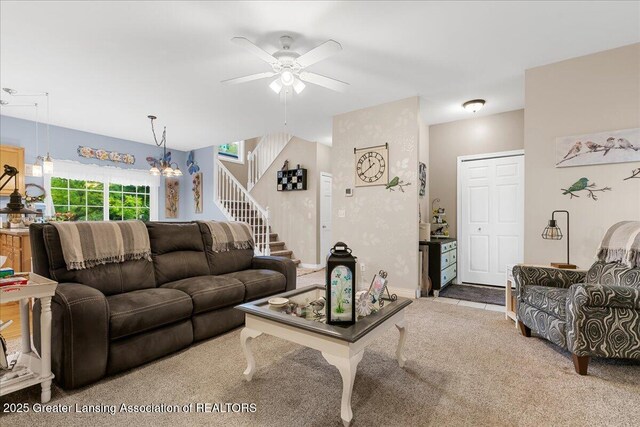 8805 E Cole Rd, Durand, MI 48429 - living area featuring stairs, ceiling fan, and carpet