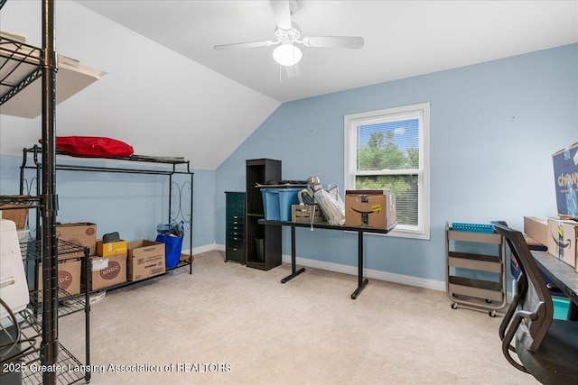 8805 E Cole Rd, Durand, MI 48429 - home office featuring carpet flooring, ceiling fan, and vaulted ceiling