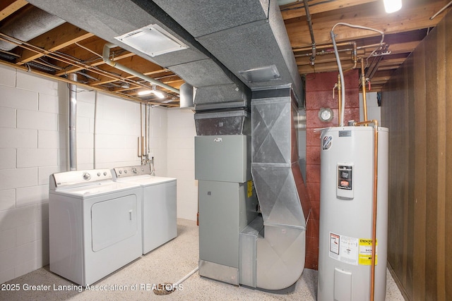 3861 New Salem Ave, Okemos, MI 48864 - unfinished basement with electric water heater, washer and clothes dryer, heating unit, and concrete block wall